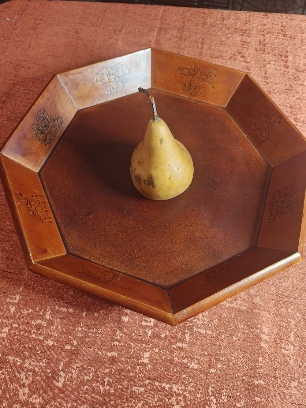 Vintage Asian octagonal wooden serving tray traditional etched pictorial panels